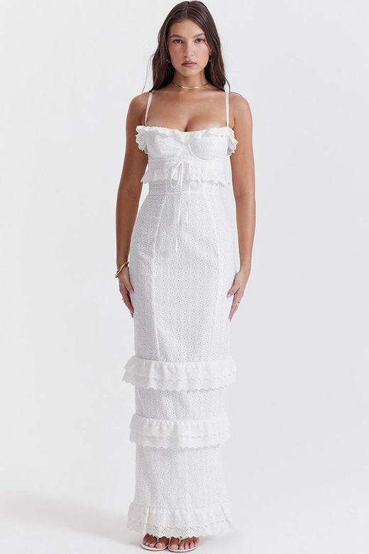 Classy White Ruffle Sweetheart Broderie Anglaise Fitted Layered Maxi Sundress