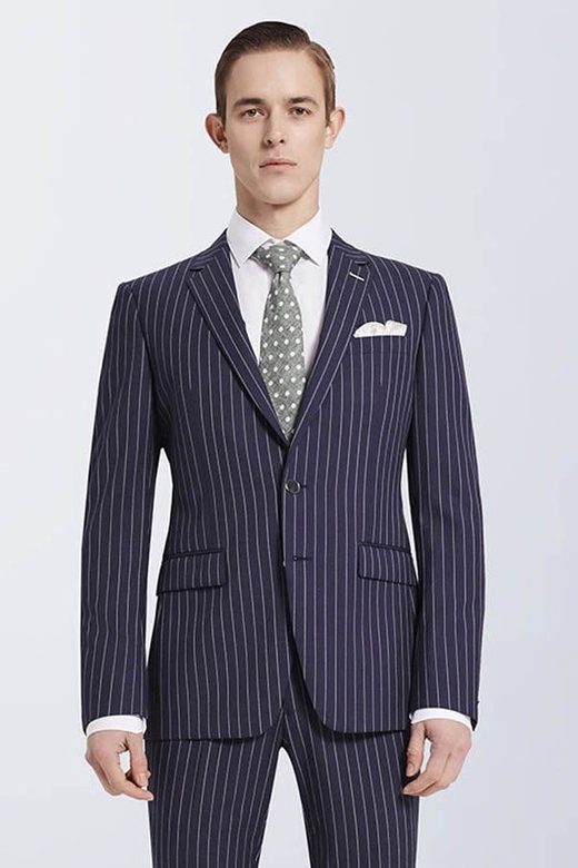 Bespoke Stripes Navy Marriage Suits, Narrow Notch Lapel Leisure