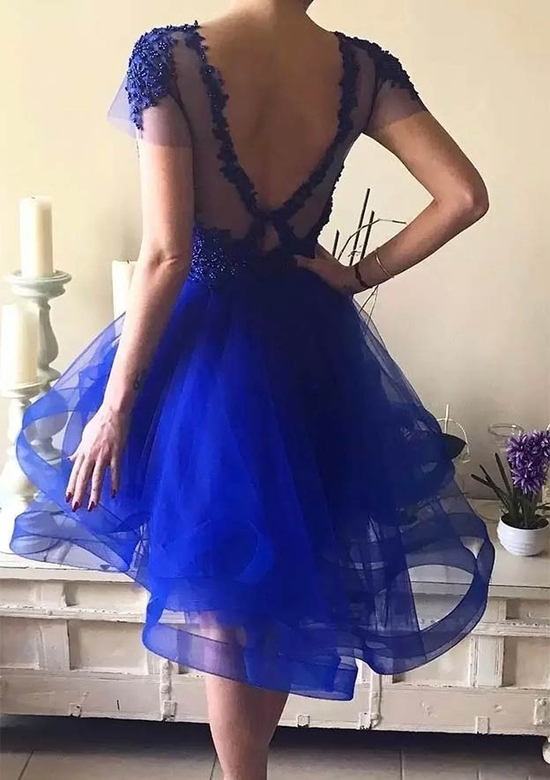 Illusion Neck Beaded Asymmetrical Tulle A-Line Homecoming Dress