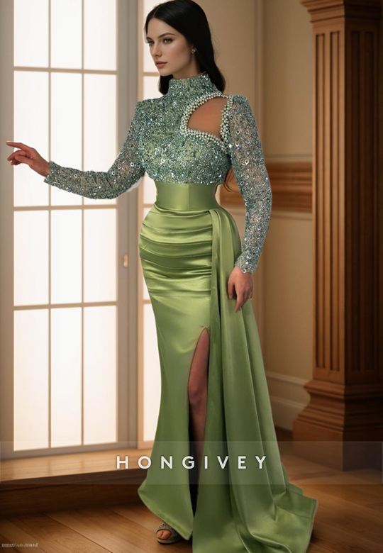 High Neck Long Sleeve Empire Beaded Evening Prom Dress