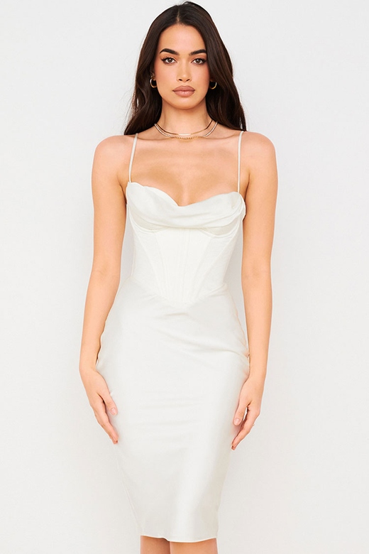 Silky Cowl Neck Corset Satin Midi Cocktail Dress in White