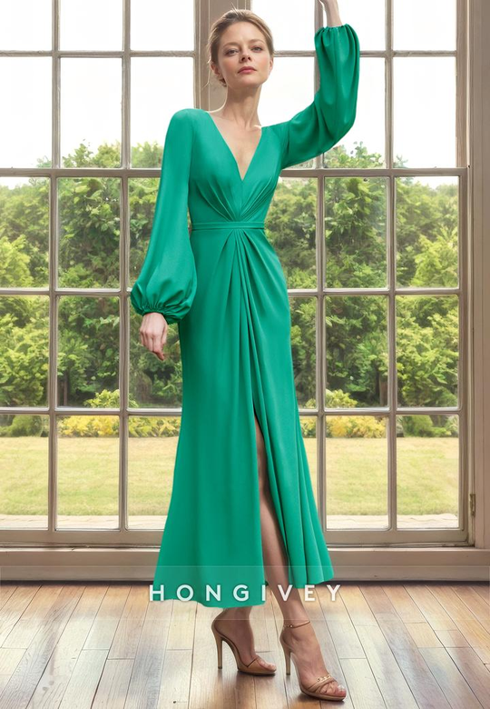 V-Neck Long Sleeve A-Line Empire Waist with Slit Cocktail Evening Dress