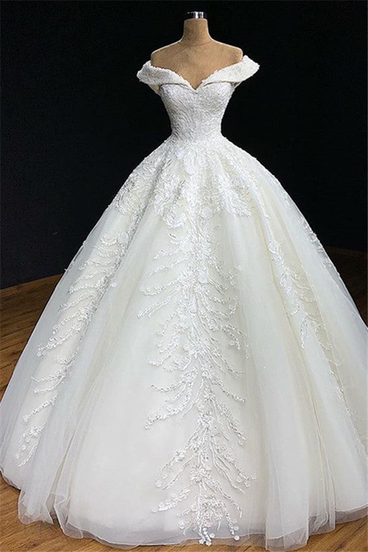 Modest Off-Shoulder White A-line Wedding Dress, Tulle Ruffles & Appliques