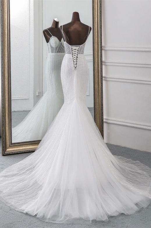 Sexy Tulle Spaghetti Straps Mermaid White Dress with Rhinestone Detail