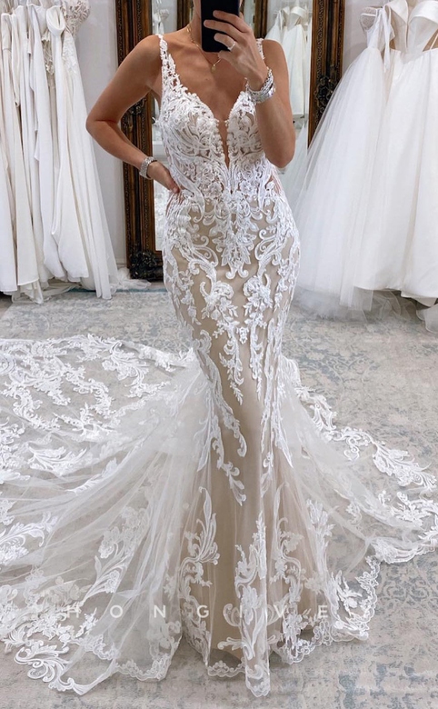 Gorgeous V-Neck Spaghetti Straps Lace Applique Trumpet Train Boho Wedding Dress