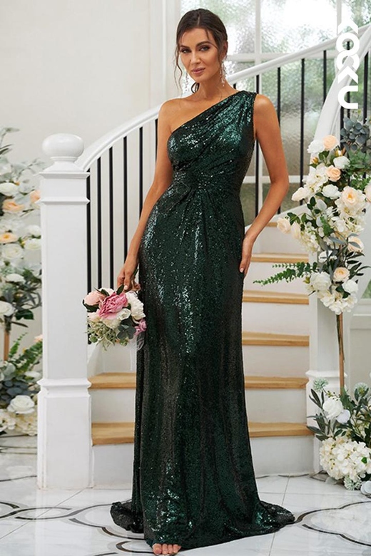 Deep Green One Shoulder Sequined Sheath Bridesmaid Gown