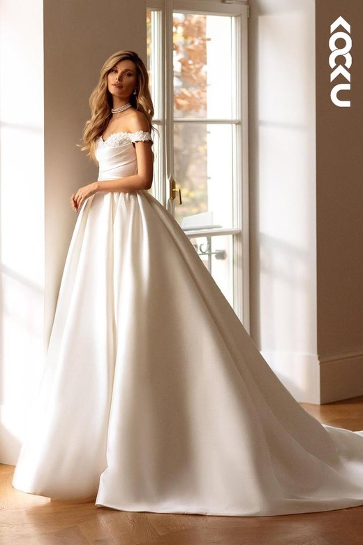 Off-Shoulder Appliqued Ruched Satin A-Line Ball Wedding Gown