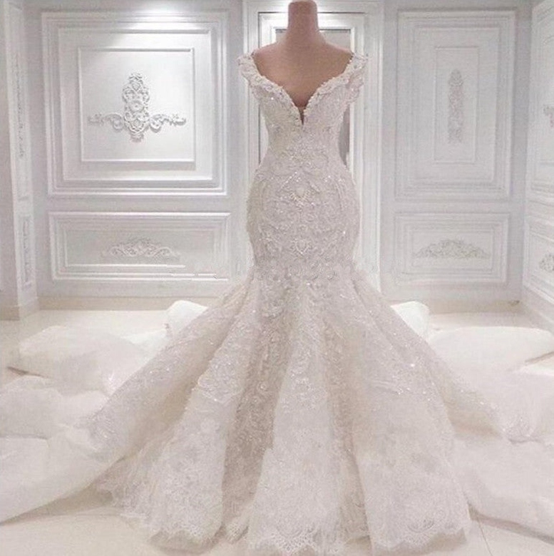 Unique Sleeveless Straps V-Neck Mermaid Lace Wedding Dress On Sale