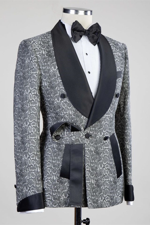 Gray Double Breasted Jacquard Suit with Black Lapel