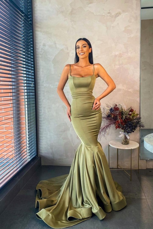 Spaghetti Straps Chiffon Dress, Green Mermaid Evening Gown Long