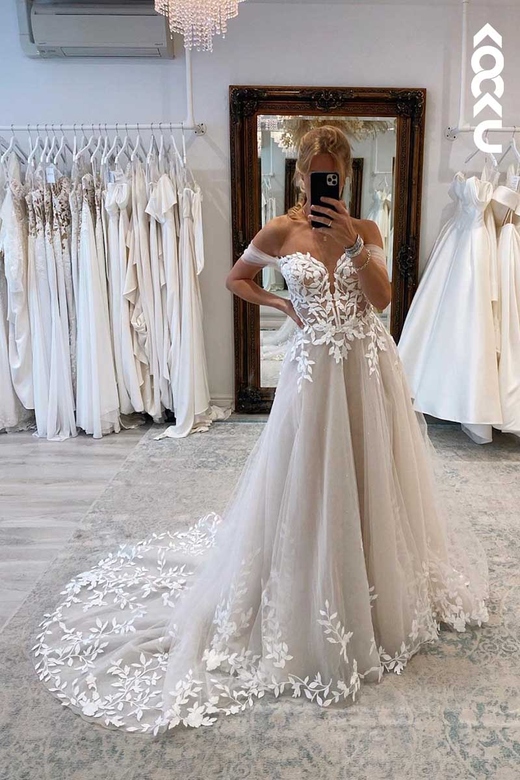 Deep V-Neck Off-Shoulder Lace Tulle A-Line Wedding Gown