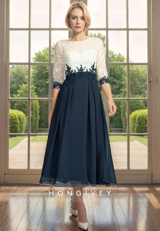 Round A-Line Half Sleeves Appliques Mother-of-the-Bride Dress