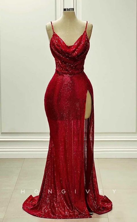 Sexy Glitter Asymmetrical Spaghetti Straps Sequined Dress with Slit