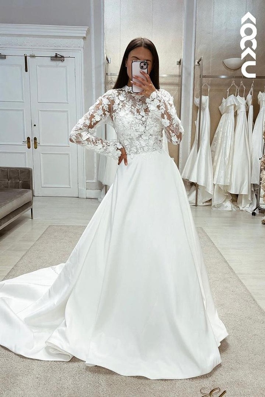 Glamorous Long Sleeves A-Line Wedding Dress with Applique