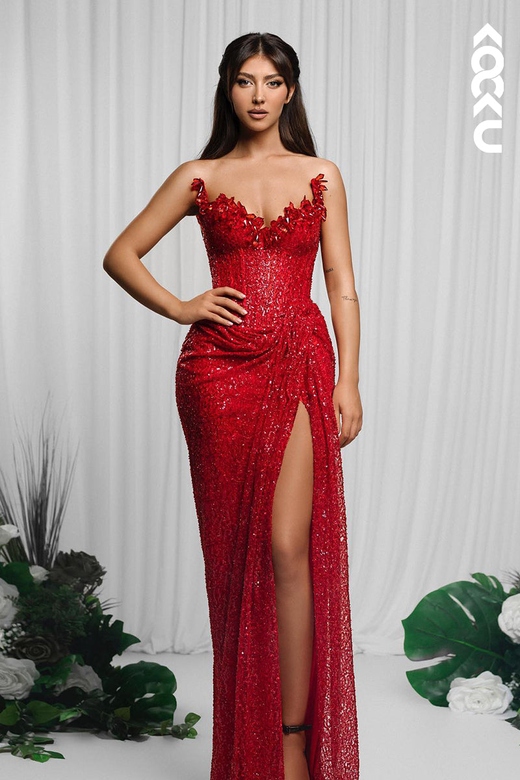 Elegant V-Neck Sleeveless Sequins Side Slit Sheath Prom Dress