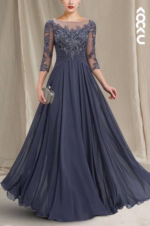 Luxurious Charming Embroidery Long Sleeves A-Line Chiffon Gown