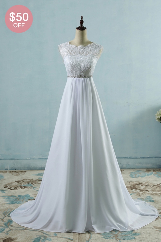 Affordable Chiffon Jewel Lace Wedding Gown with Ruffles and Sash