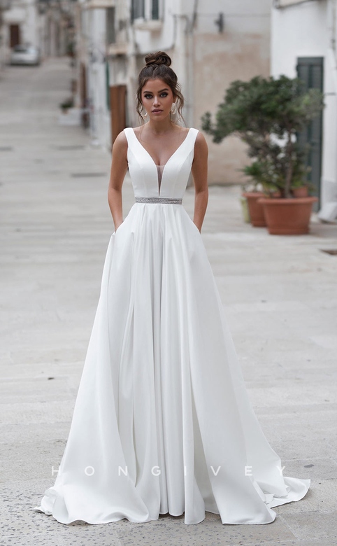 Rhinestone Embellished Sheer V-Neck Wedding Dress