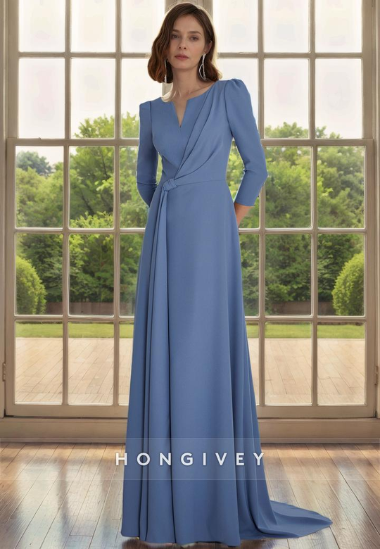 Casual Satin A-Line V-Neck 3/4 Sleeves Train Mother-of-the-Bride Gown