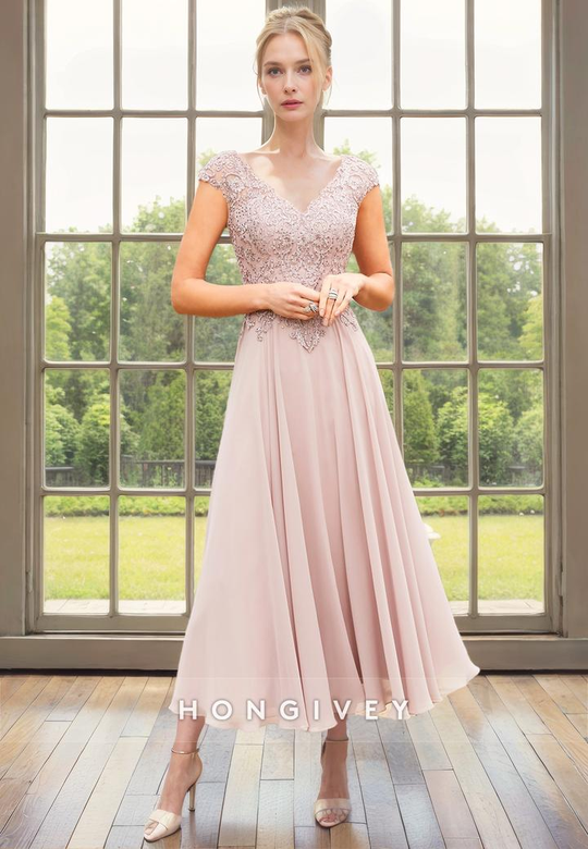 A-Line Empire V-Neck Cap Sleeve Lace Applique Mother's Gown