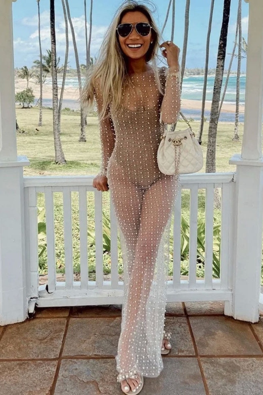 Sexy Nude Round Neck Long Sleeve Faux Pearl Split Sheer Mesh Maxi Dress