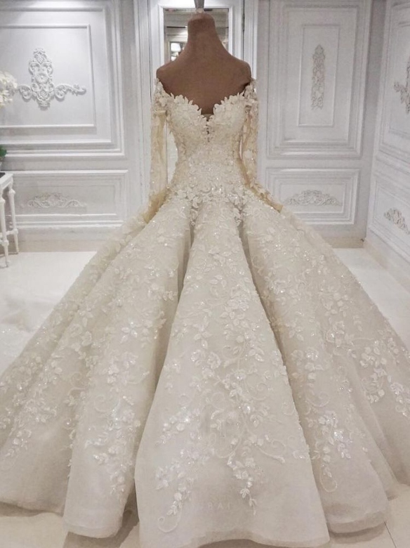 Beautiful Long-Sleeved V-Neck Appliques, Ball Gown Wedding