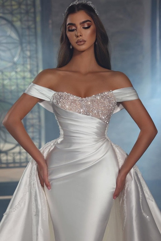 Off-the-Shoulder Overskirt Long Wedding Dress with Beads