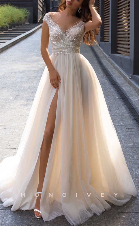 Tulle A-Line Empire Dress with Sequined Appliques and Side Slit