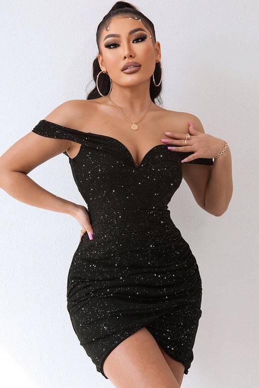 Sparkly Deep V Black Off The Shoulder Ruched Bodycon Party Mini Dress