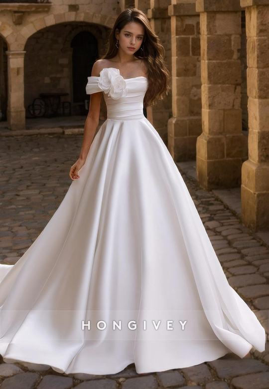 Satin A-Line One Shoulder Sleeveless Wedding Dress with Train