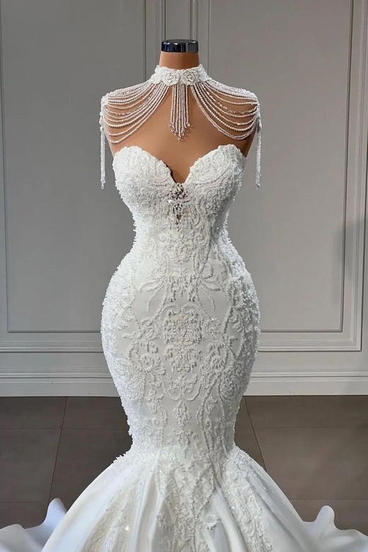 White Sweetheart Mermaid Wedding Dress, Lace, Long Length