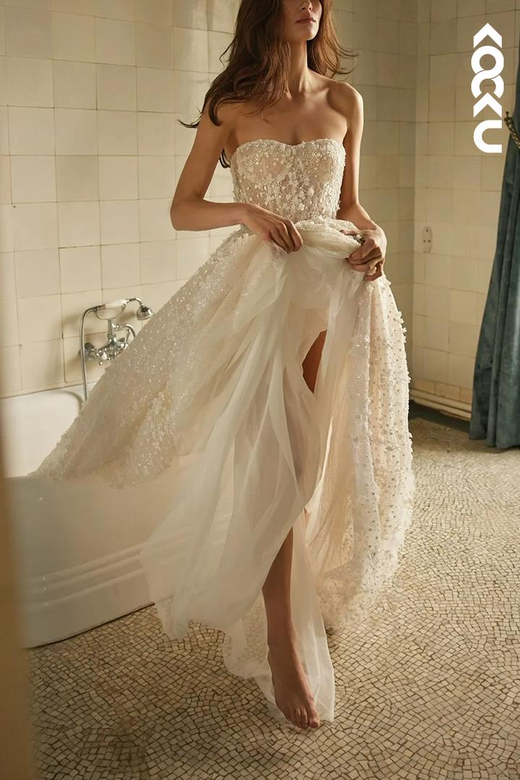 Strapless Appliqued Beaded Tulle A-Line Long Wedding Gown