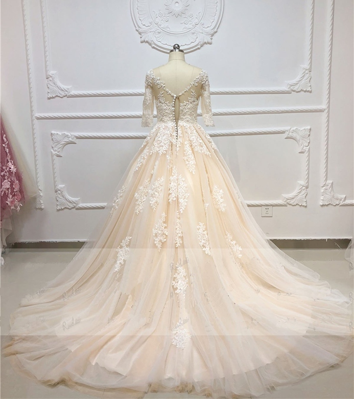 Gorgeous Champagne Tulle Half-Sleeve Long White Lace Applique Wedding Gown