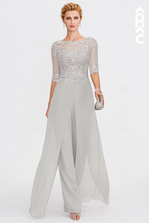 Charming Couture Half Sleeves Embroidery Chiffon Two-Piece Gown