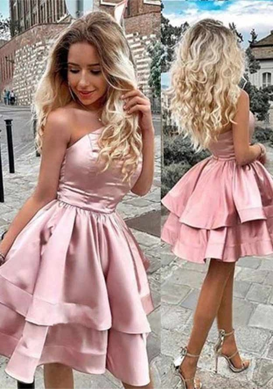 A-Line Princess One-Shoulder Sleeveless Satin Homecoming Dress with Flouncy Ruffles