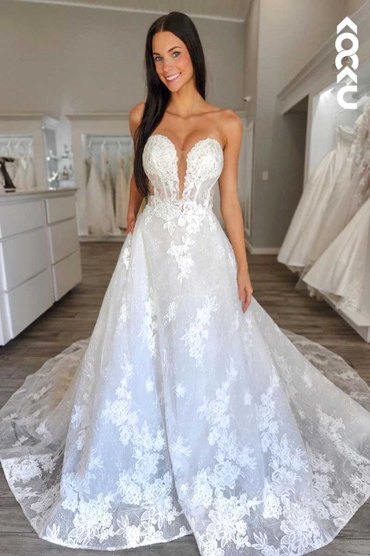 Deep V-Neck Strapless Lace Sparkly A-Line Wedding Gown