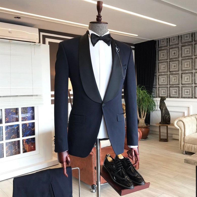 Dark Navy Fashion Shawl Lapel One-Button Suit