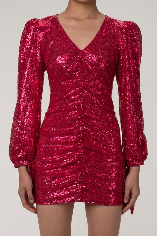 Hot Pink Sparkly Deep V Bow Tie Puff Sleeve Ruched Bodycon Sequin Party Mini Dress