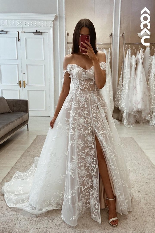 Charming Off-Shoulder Cap Sleeves Applique A-Line Slit Wedding Dress