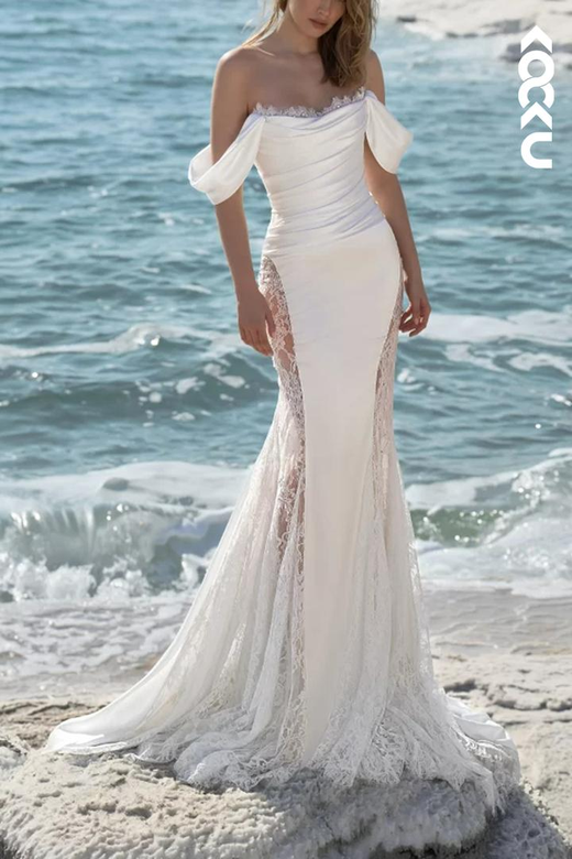 Off-Shoulder Lace Long Sleeves Ruched Satin Mermaid Dress