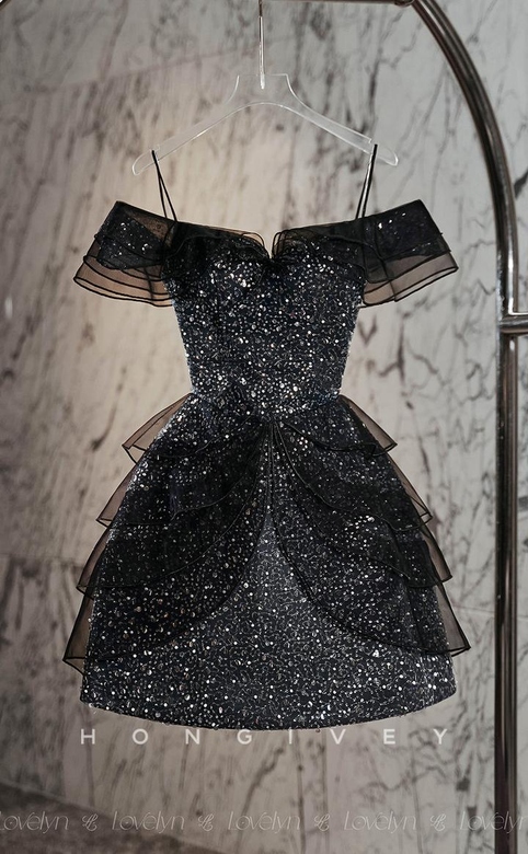 Stylish Black Glitter Empire A-Line Straps Mini Homecoming Party Gown