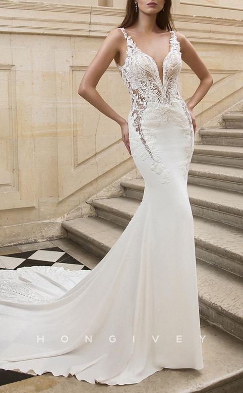 Satin Trumpet Dress with V-Neck Straps & Illusion Appliques