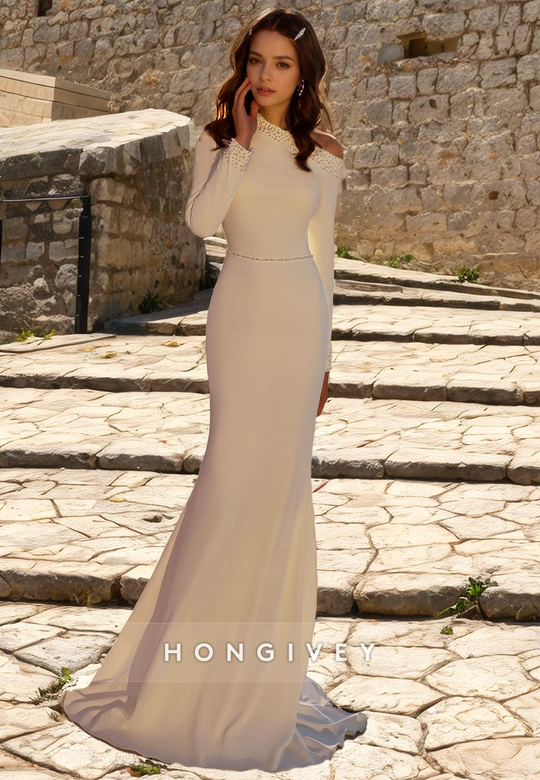 Satin Trumpet Asymmetrical Long Sleeve Wedding Gown