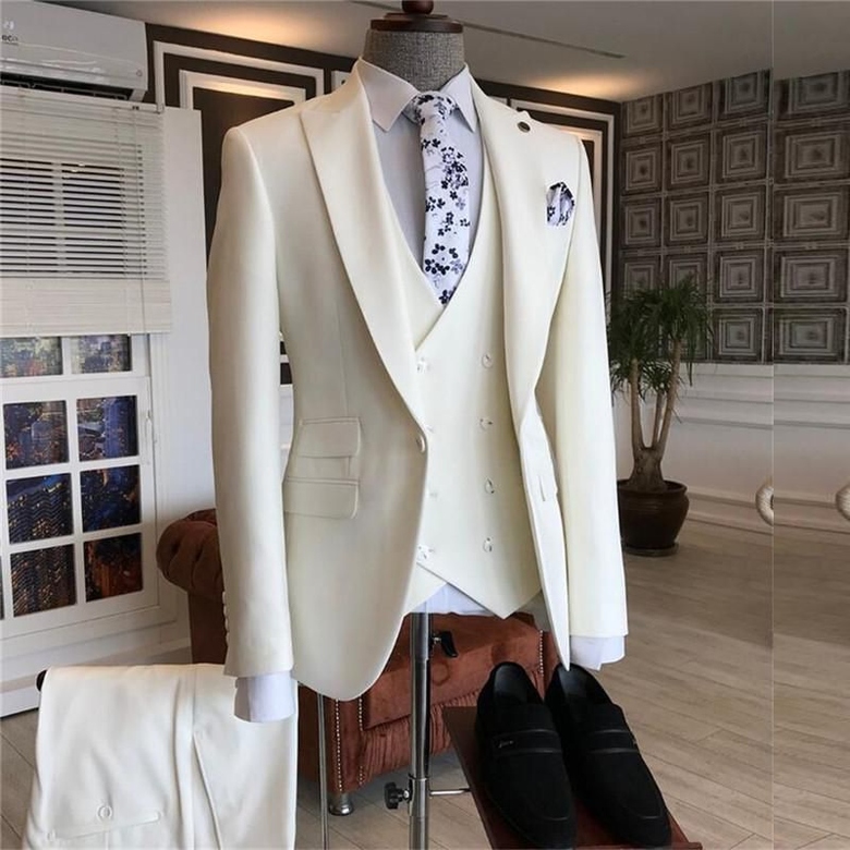 White 3-Piece Peaked Lapel Bespoke Men's Wedding Suit