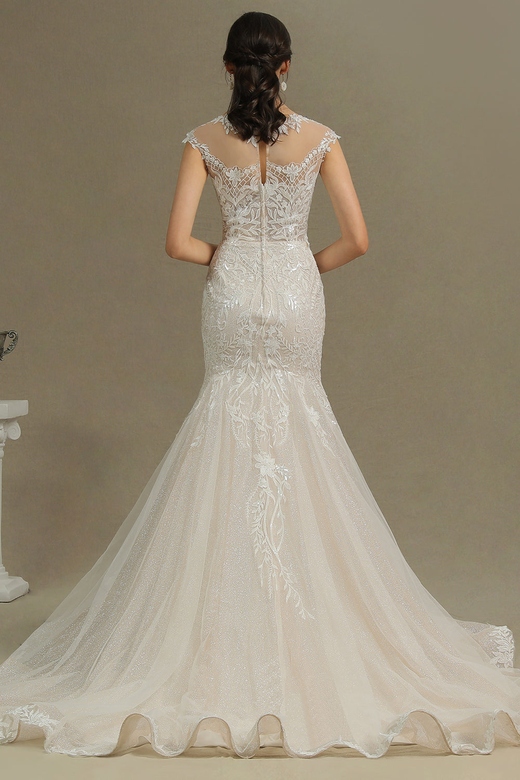 Cap Sleeves Lace Mermaid Wedding Dress, Long