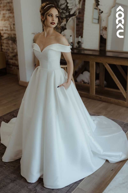 Bateau Off-Shoulder A-Line Satin Long Wedding Gown