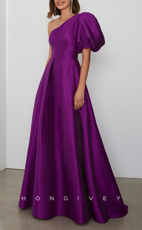 Elegant A-Line One Shoulder Puff Sleeves Empire Satin Evening Gown