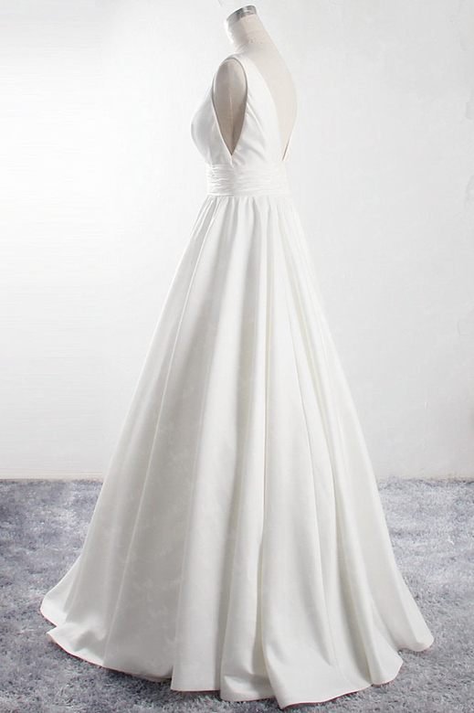 Affordable V-neck Satin White Wedding Dress with Sleeveless Ruffles