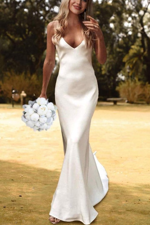 Simple Beach V-Neck Satin Sheath Long Wedding Dress