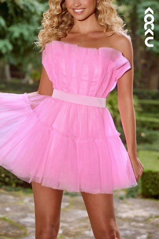 Strapless Sleeveless Sheer Ruched Tulle A-Line Mini Homecoming Gown